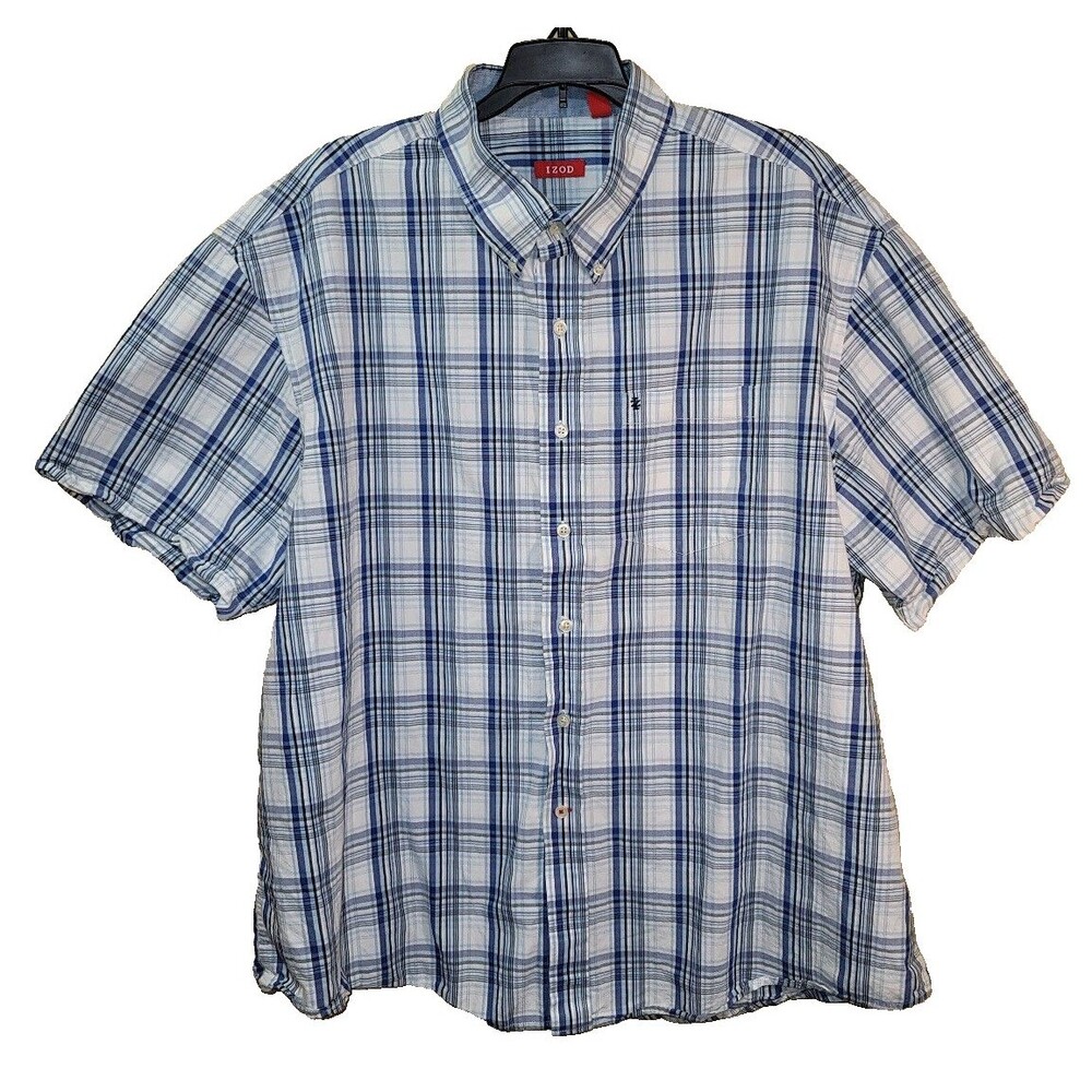 Izod Shirt Adult XXL White/Blue Plaid S/S Casual Button Up Pocket Mens 2XL
